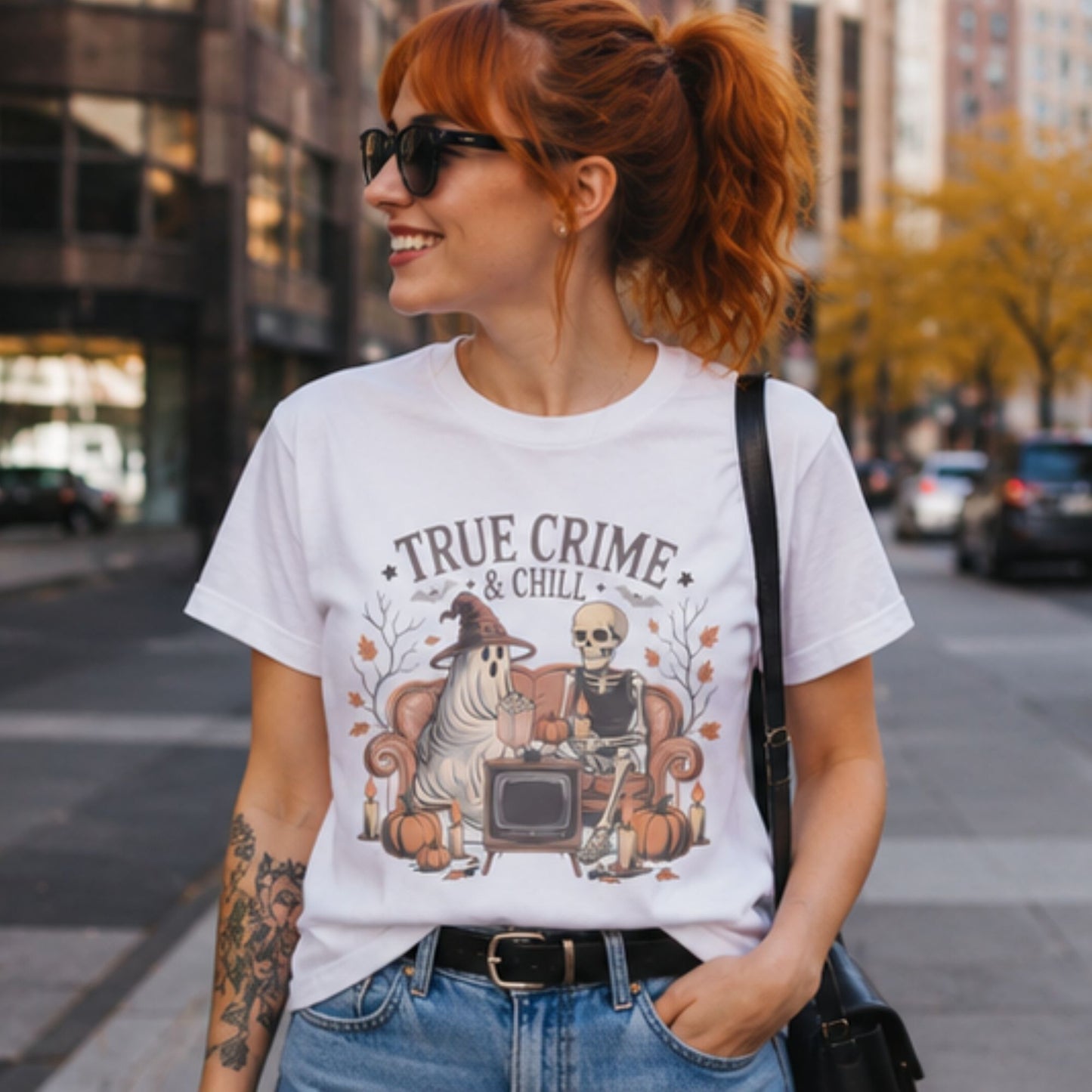 True Crime & Chill Vintage Sublimation Style Design, Ghosts/Skeleton/Halloween Tee/Fall Womenswear Top
